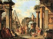Giovanni Paolo Panini A capriccio of classical ruins with Diogenes throwing away his cup oil on canvas